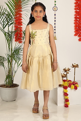 Shiny Off-White Khadi Cotton Banana Tree Hand Painted Dress For Girls by Hooray