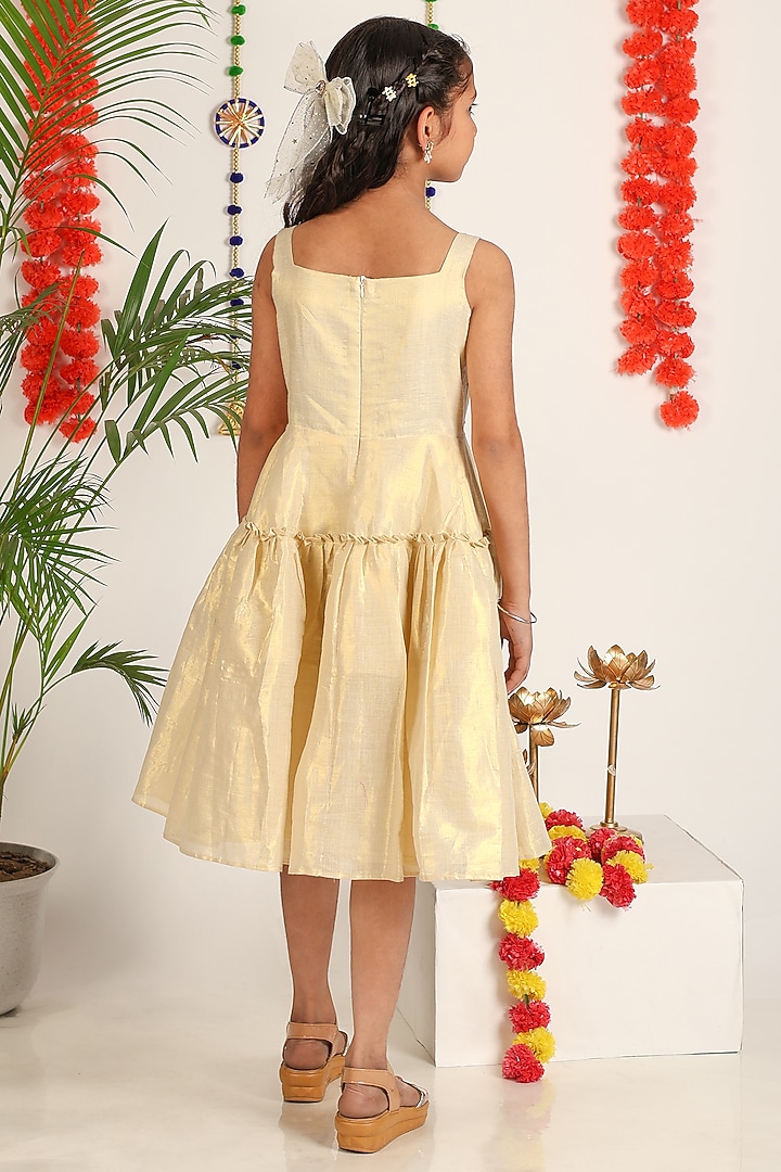 Shiny Off-White Khadi Cotton Banana Tree Hand Painted Dress For Girls by Hooray at Pernia's Pop Up Shop