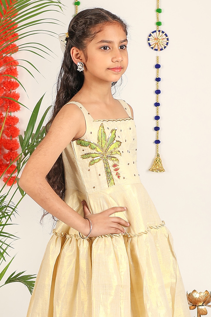 Shiny Off-White Khadi Cotton Banana Tree Hand Painted Dress For Girls by Hooray at Pernia's Pop Up Shop