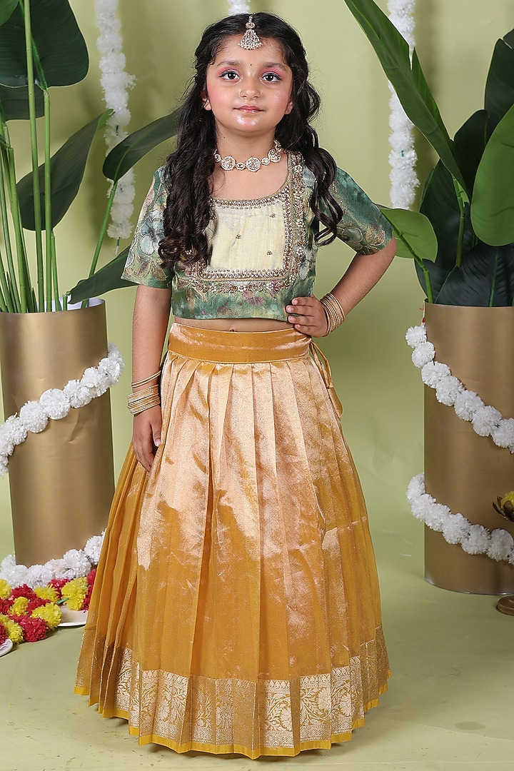 Yellow Tissue Pleated Lehenga Set For Girls by Hooray at Pernia's Pop Up Shop