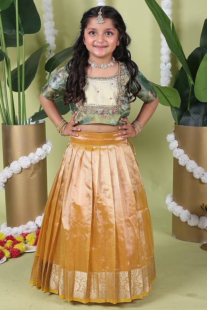 Yellow Tissue Pleated Lehenga Set For Girls by Hooray at Pernia's Pop Up Shop