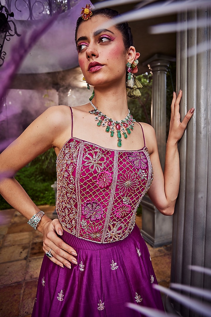 Purple Chanderi Cutwork Hand Embroidered Flared Wedding Lehenga Set by Show Shaa at Pernia's Pop Up Shop