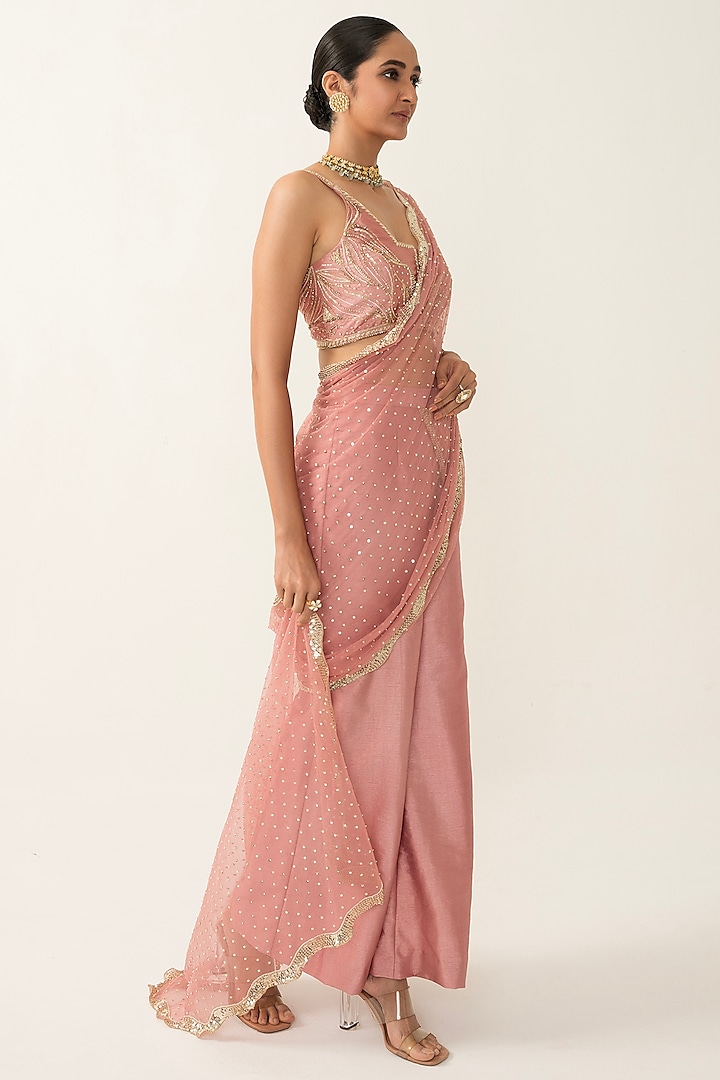 Peach Pink Pure Silk & Net Draped Pant Saree Set by House of R