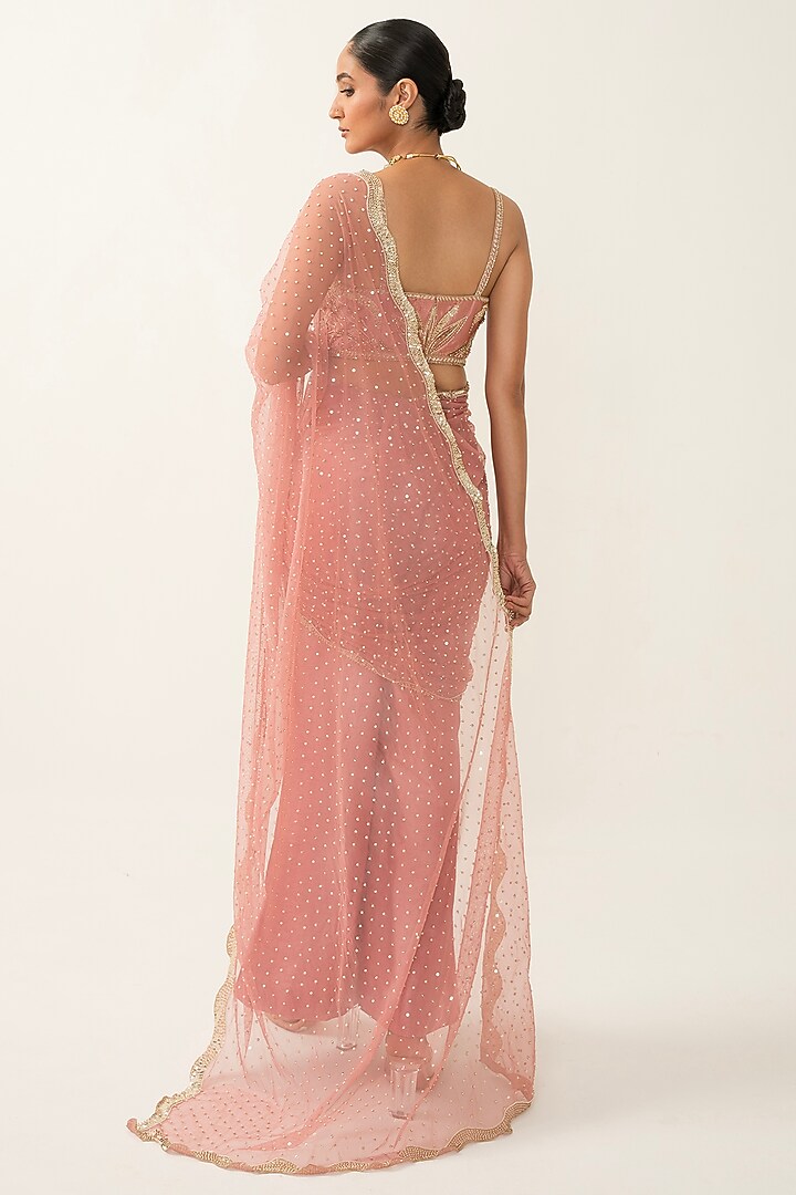 Peach Pink Pure Silk & Net Draped Pant Wedding Saree Set by House of R at Pernia's Pop Up Shop