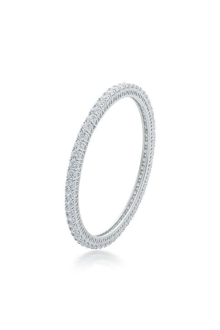 White Finish Zircon Round Shaped Solitaire Bangle In Sterling Silver by HYBA JEWELS