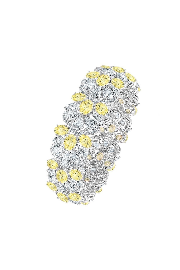 White Finish Yellow & White Zircon Kada In Sterling Silver by HYBA JEWELS at Pernia's Pop Up Shop