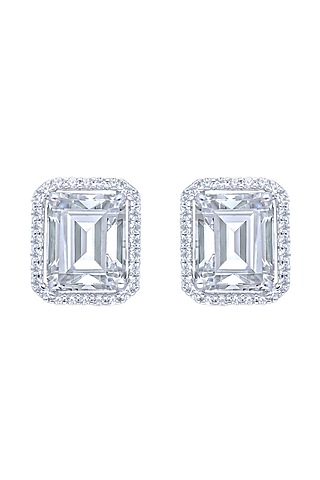 White Finish Emerald Solitaire Clustered Zircon Stud Earrings In Sterling Silver by HYBA JEWELS