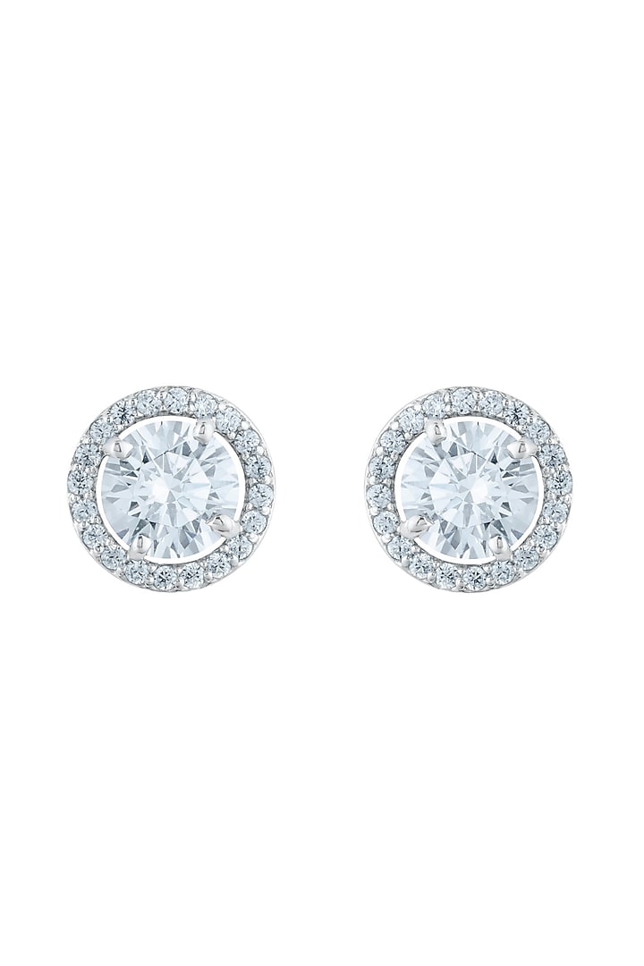 White Finish Round Solitaire Clustered Zircon Stud Earrings In Sterling Silver by HYBA JEWELS at Pernia's Pop Up Shop