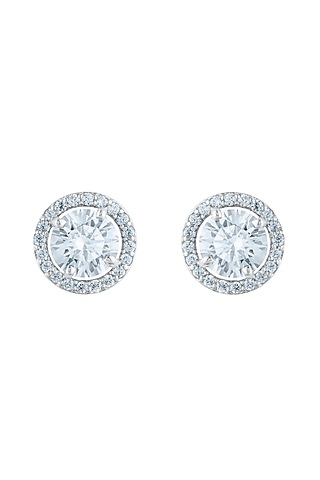 White Finish Round Solitaire Clustered Zircon Stud Earrings In Sterling Silver by HYBA JEWELS