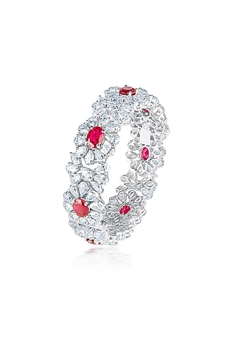 White Finish Ruby Stone & Zirconia Bangle In Sterling Silver by HYBA JEWELS