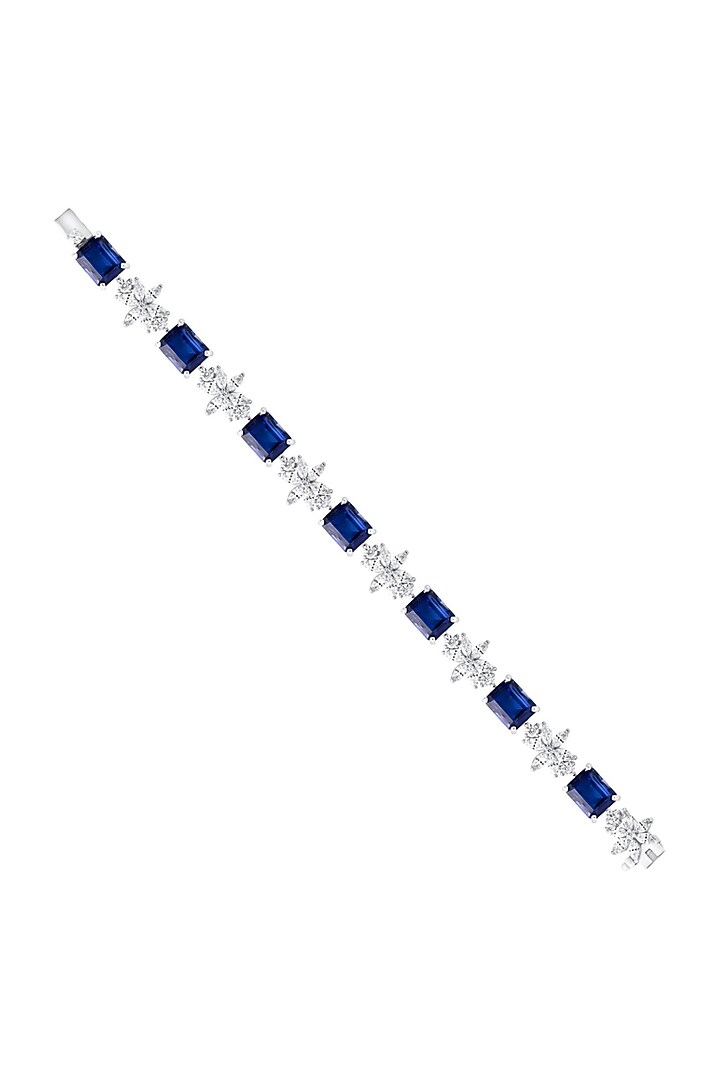 White Finish Zirconia & Blue Sapphire Stone Openable Bracelet In Sterling Silver by HYBA JEWELS at Pernia's Pop Up Shop