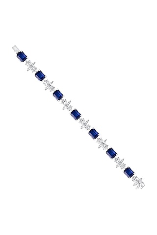 White Finish Zirconia & Blue Sapphire Stone Openable Bracelet In Sterling Silver by HYBA JEWELS