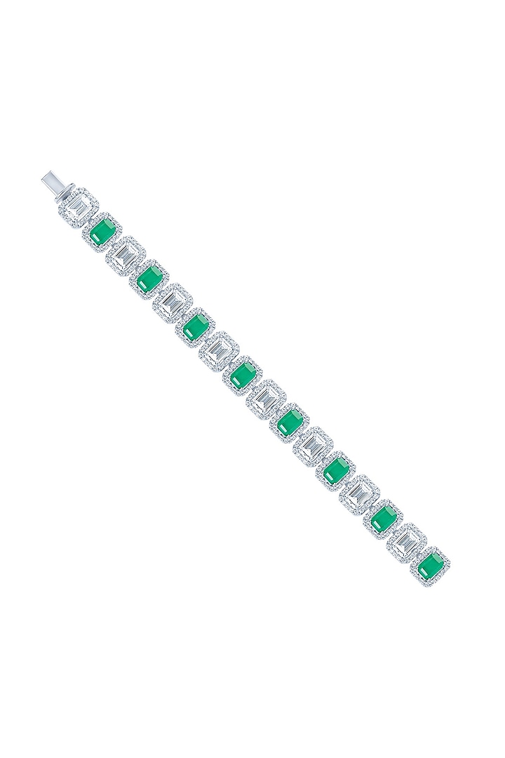 White Finish Zirconia & Emerald Stone Openable Bracelet In Sterling Silver by HYBA JEWELS at Pernia's Pop Up Shop