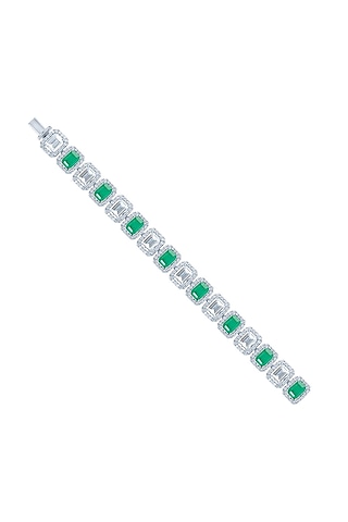 White Finish Zirconia & Emerald Stone Openable Bracelet In Sterling Silver by HYBA JEWELS