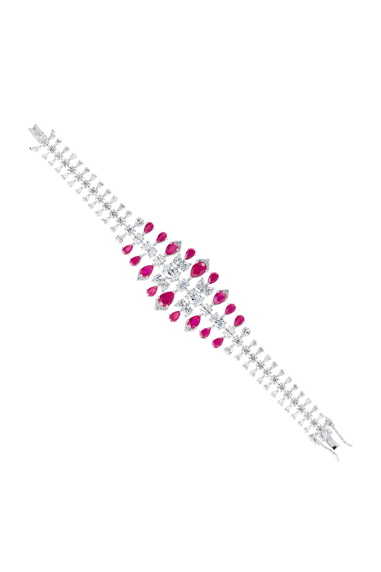 White Finish Zirconia & Ruby Stone Openable Bracelet In Sterling Silver by HYBA JEWELS at Pernia's Pop Up Shop
