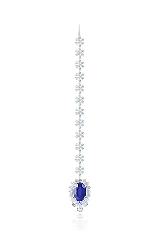 White Finish Zirconia & Blue Sapphire Stone Maangtikka In Sterling Silver by HYBA JEWELS