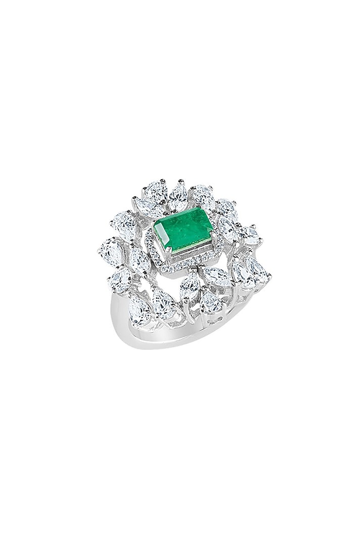 White Finish Emerald Stone & Zirconia Ring In Sterling Silver by HYBA JEWELS at Pernia's Pop Up Shop