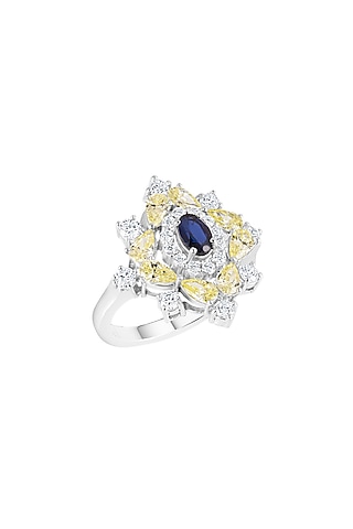 White Finish Yellow Diamonds & Deep Blue Stone Ring In Sterling Silver by HYBA JEWELS
