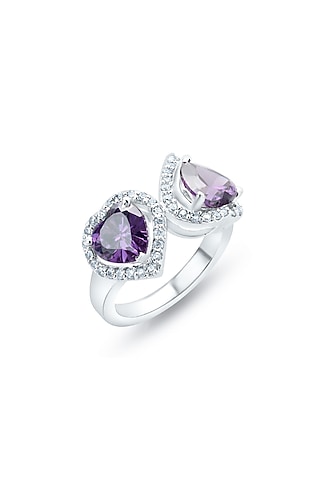White Finish Zirconia & Amethyst Stone Ring In Sterling Silver by HYBA JEWELS