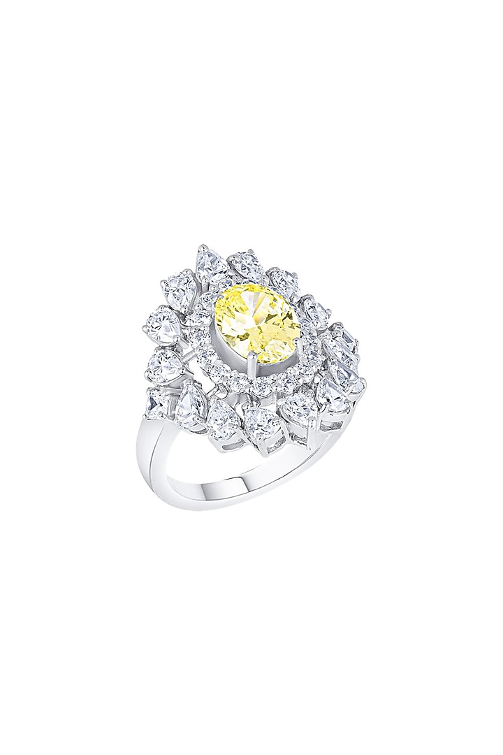 White Finish Oval-Shaped Yellow Diamond Ring In Sterling Silver by HYBA JEWELS at Pernia's Pop Up Shop