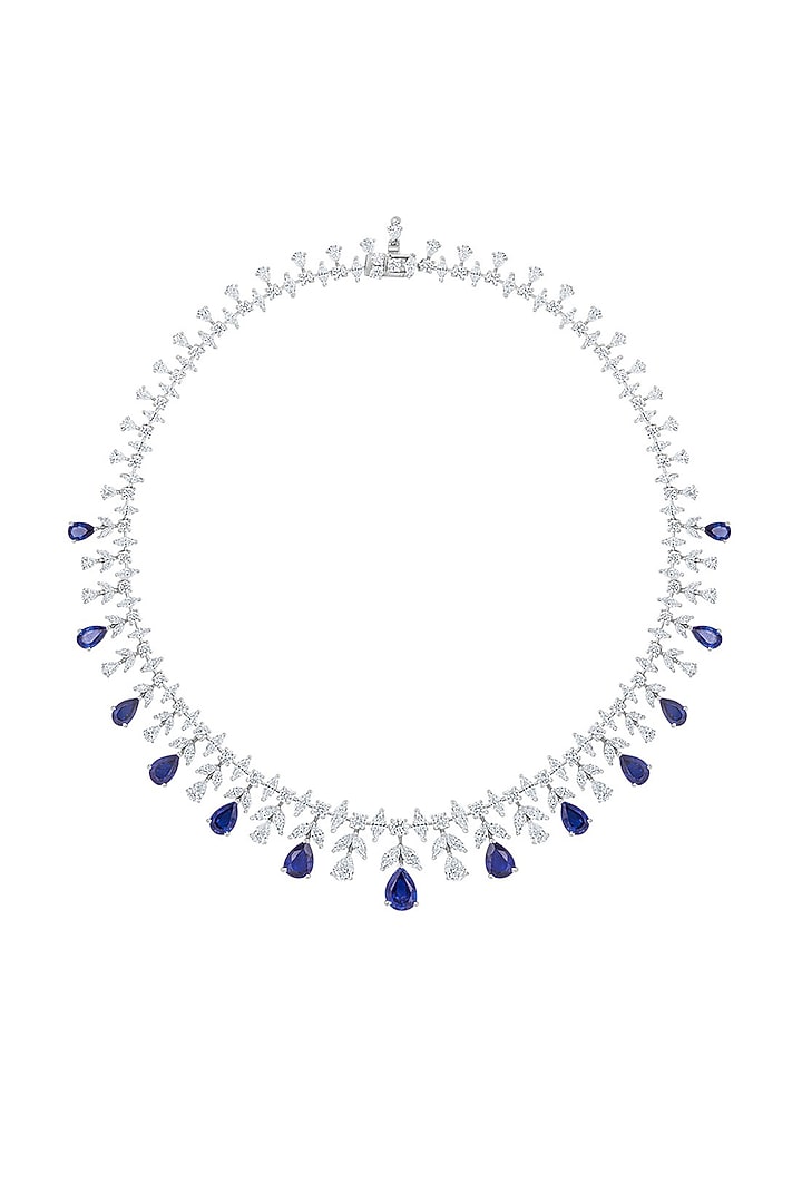 White Finish Blue Sapphire Stone & Zirconia Floral Necklace In Sterling Silver by HYBA JEWELS at Pernia's Pop Up Shop