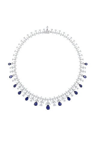 White Finish Blue Sapphire Stone & Zirconia Floral Necklace In Sterling Silver by HYBA JEWELS