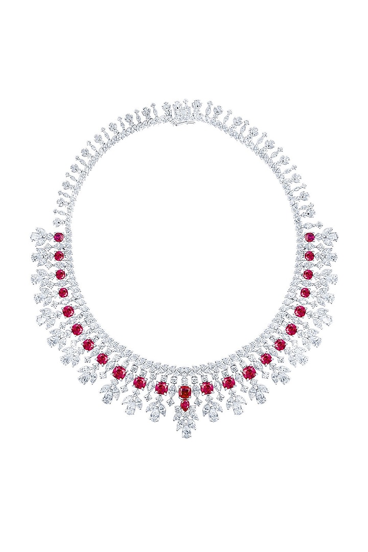 White Finish Ruby Stone & Zirconia Necklace In Sterling Silver by HYBA JEWELS at Pernia's Pop Up Shop