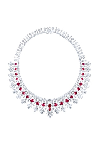 White Finish Ruby Stone & Zirconia Necklace In Sterling Silver by HYBA JEWELS