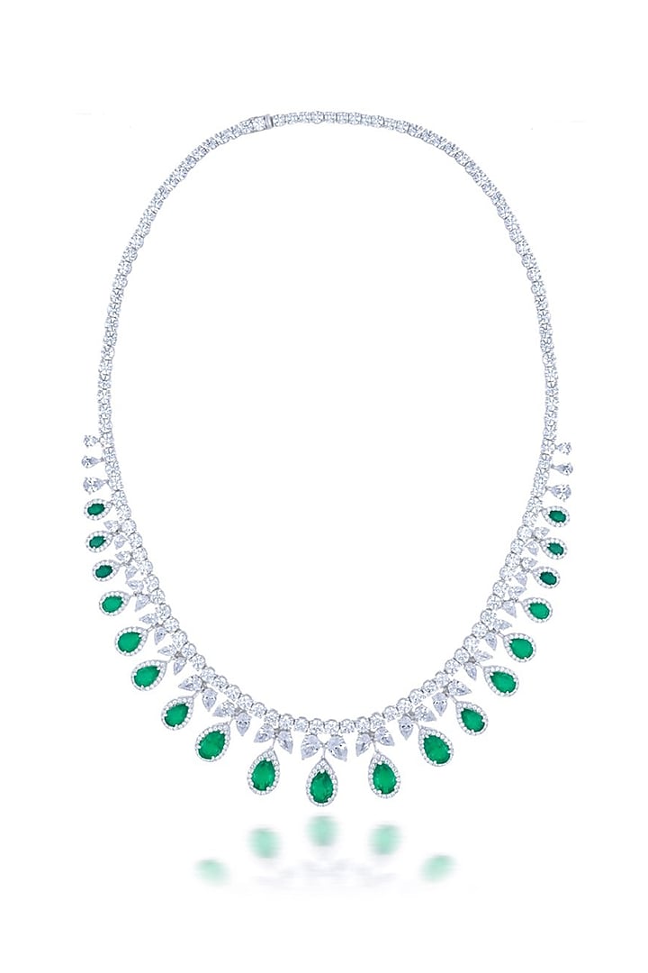White Finish Zirconia & Emerald Stone Necklace In Sterling Silver by HYBA JEWELS at Pernia's Pop Up Shop