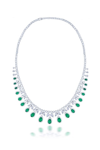 White Finish Zirconia & Emerald Stone Necklace In Sterling Silver by HYBA JEWELS