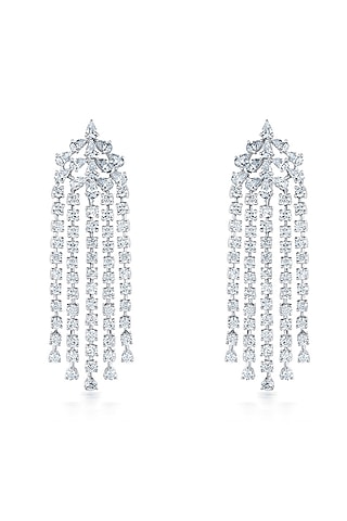 White Finish Zirconia Chandelier Earrings In Sterling Silver by HYBA JEWELS