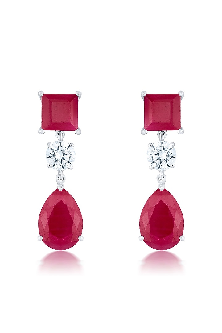 White Finish Zirconia & Ruby Stone Dangler Earrings In Sterling Silver by HYBA JEWELS at Pernia's Pop Up Shop