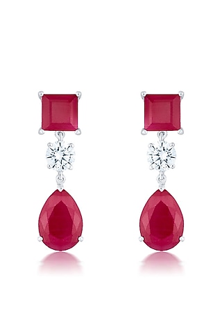 White Finish Zirconia & Ruby Stone Dangler Earrings In Sterling Silver by HYBA JEWELS