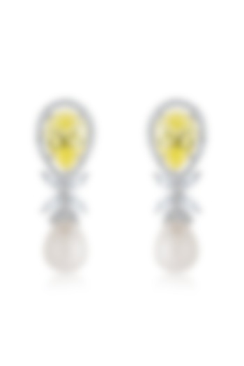 White Finish Diamond & Yellow Sapphire Stone Dangler Earrings In Sterling Silver by HYBA JEWELS at Pernia's Pop Up Shop