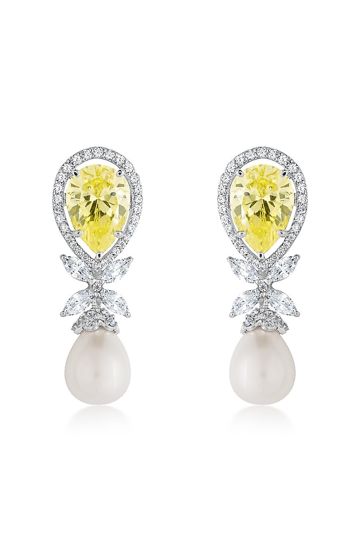 White Finish Diamond & Yellow Sapphire Stone Dangler Earrings In Sterling Silver by HYBA JEWELS at Pernia's Pop Up Shop