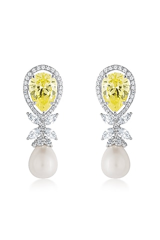 White Finish Diamond & Yellow Sapphire Stone Dangler Earrings In Sterling Silver by HYBA JEWELS