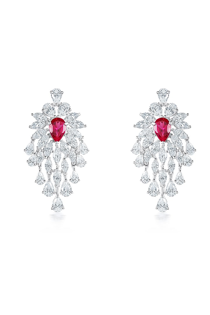 White Finish Zirconia & Ruby Stone Dangler Earrings In Sterling Silver by HYBA JEWELS at Pernia's Pop Up Shop
