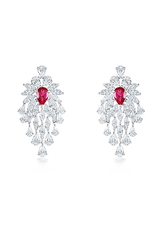 White Finish Zirconia & Ruby Stone Dangler Earrings In Sterling Silver by HYBA JEWELS