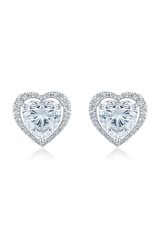 White Finish Zirconia Handcrafted Heart Stud Earrings In Sterling Silver by HYBA JEWELS