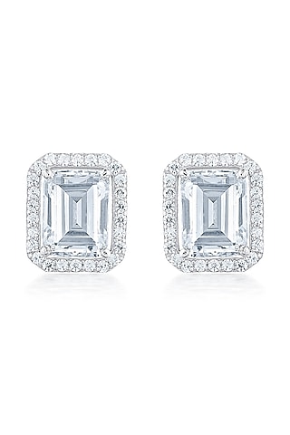 White Finish Zirconia Handcrafted Stud Earrings In Sterling Silver by HYBA JEWELS