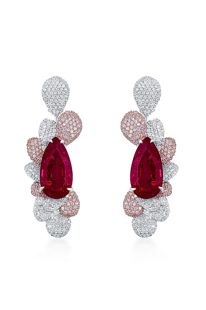White Finish Zirconia & Ruby Stone Handcrafted Dangler Earrings In Sterling Silver by HYBA JEWELS at Pernia's Pop Up Shop