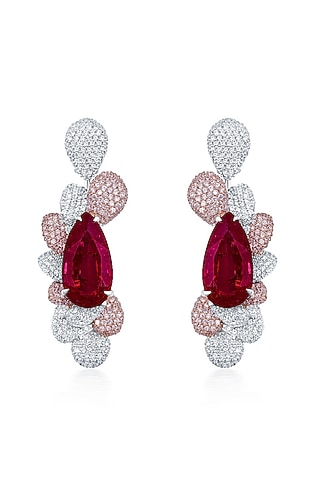 White Finish Zirconia & Ruby Stone Handcrafted Dangler Earrings In Sterling Silver by HYBA JEWELS