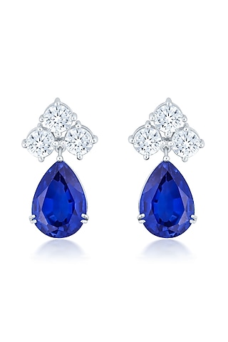 White Finish Zirconia & Blue Sapphire Stone Dangler Earrings In Sterling Silver by HYBA JEWELS