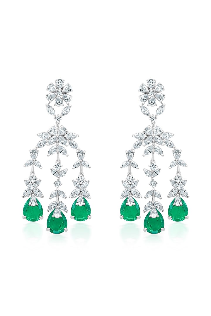 White Finish Zirconia & Emerald Stone Dangler Earrings In Sterling Silver by HYBA JEWELS at Pernia's Pop Up Shop