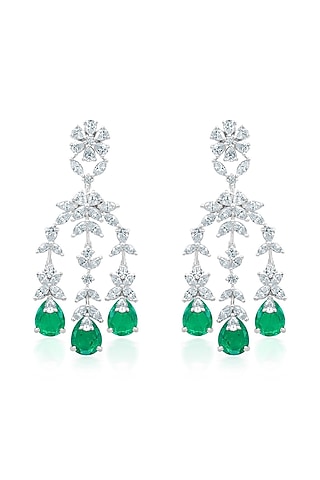 White Finish Zirconia & Emerald Stone Dangler Earrings In Sterling Silver by HYBA JEWELS