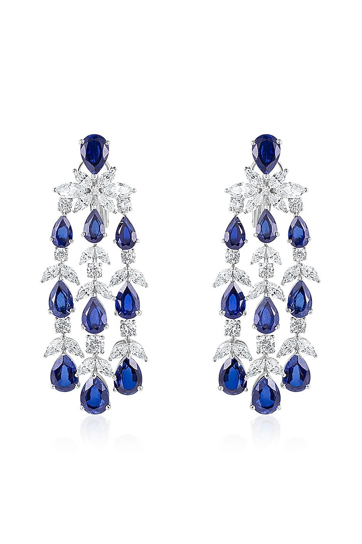 White Finish Zirconia & Blue Sapphire Stone Chandelier Earrings In Sterling Silver by HYBA JEWELS at Pernia's Pop Up Shop