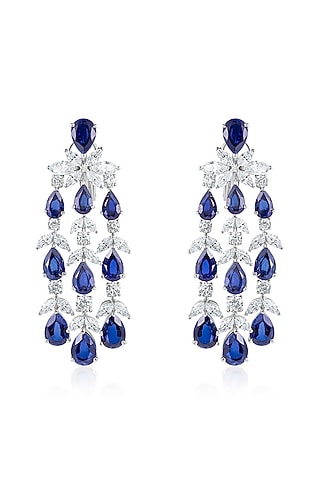 White Finish Zirconia & Blue Sapphire Stone Chandelier Earrings In Sterling Silver by HYBA JEWELS