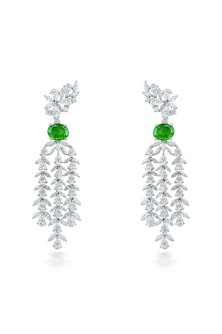 White Finish Zirconia & Emerald Stone Dangler Earrings In Sterling Silver by HYBA JEWELS at Pernia's Pop Up Shop