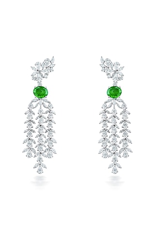 White Finish Zirconia & Emerald Stone Dangler Earrings In Sterling Silver by HYBA JEWELS