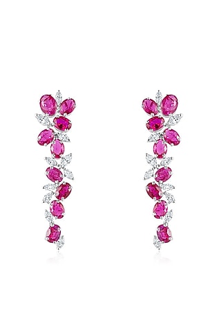 White Finish Zirconia & Ruby Stone Handcrafted Dangler Earrings In Sterling Silver by HYBA JEWELS